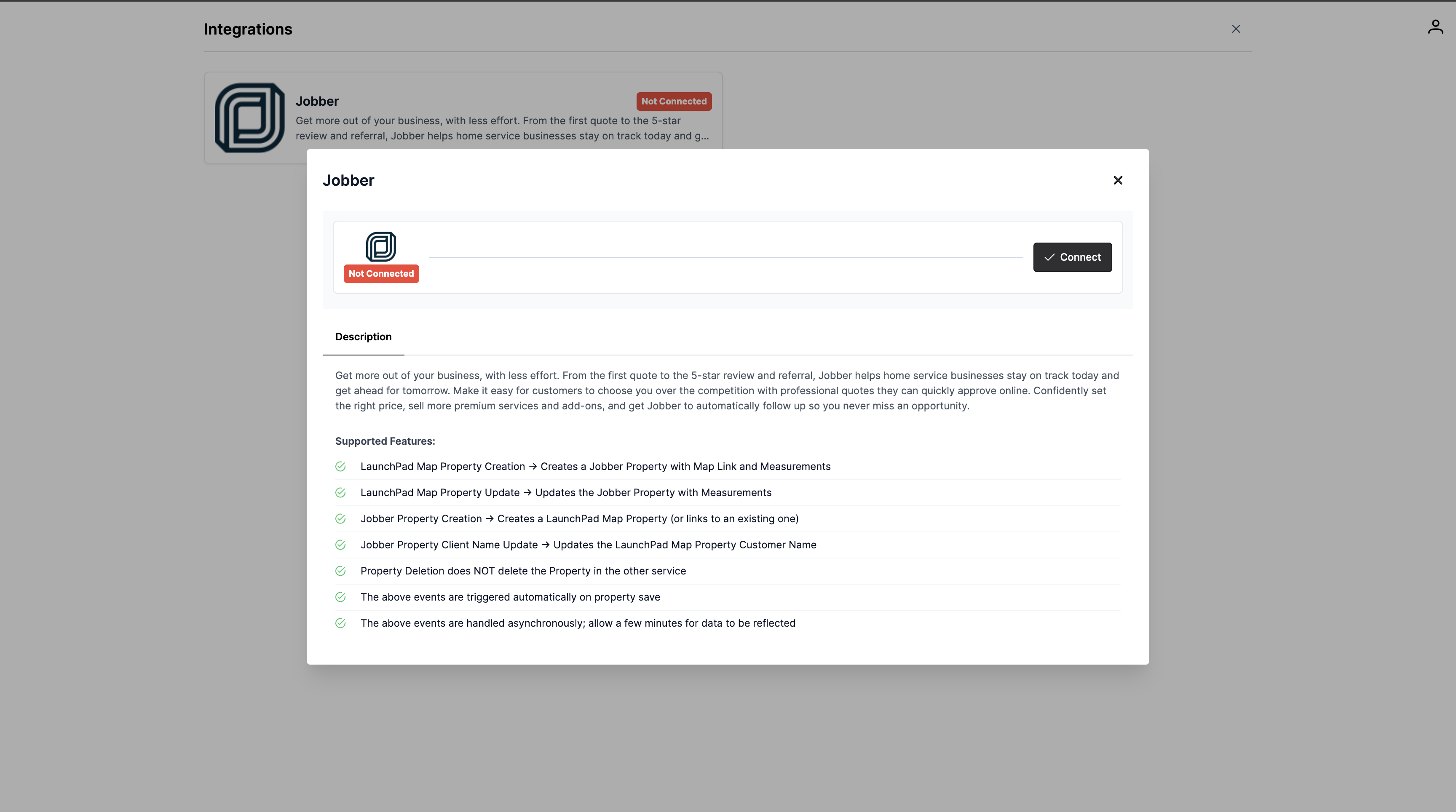 Integrations page showing Jobber as an available integration