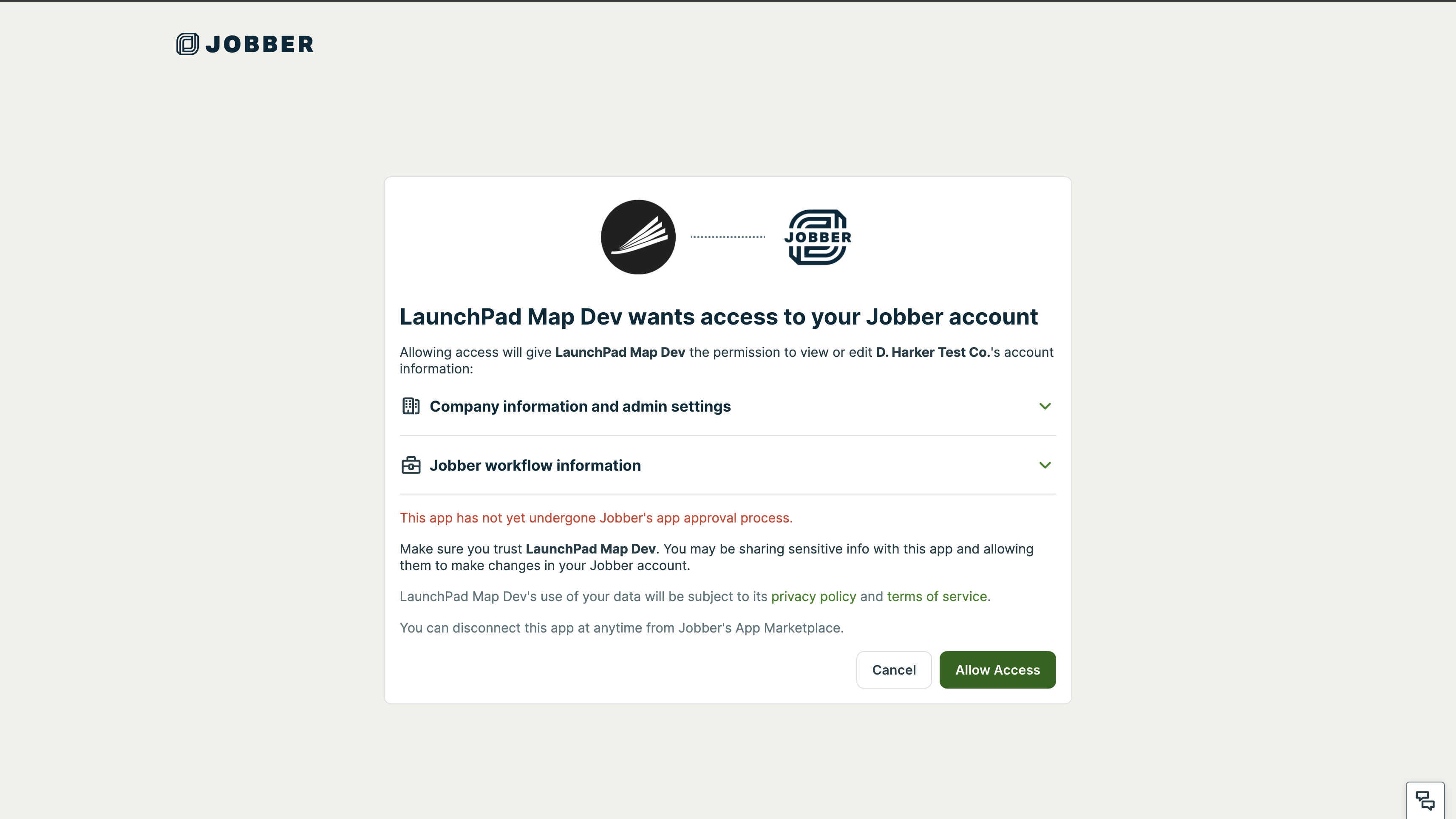 Jobber authorization screen showing permission request