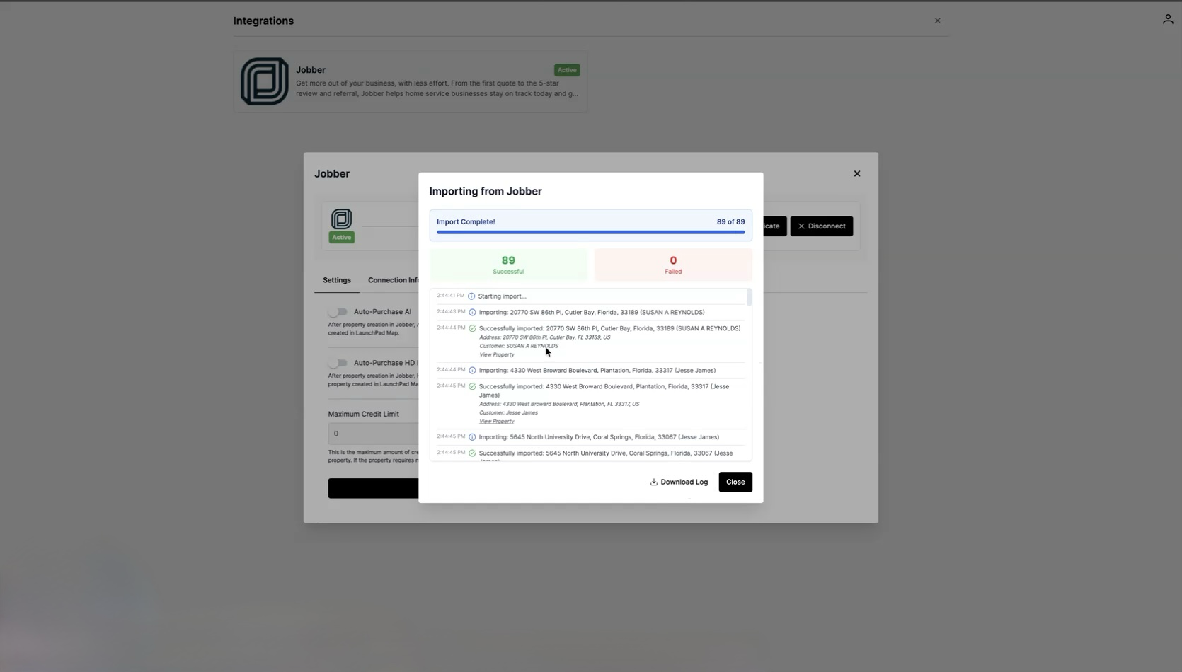 Launchpad Maps Integrations page showing Jobber connected