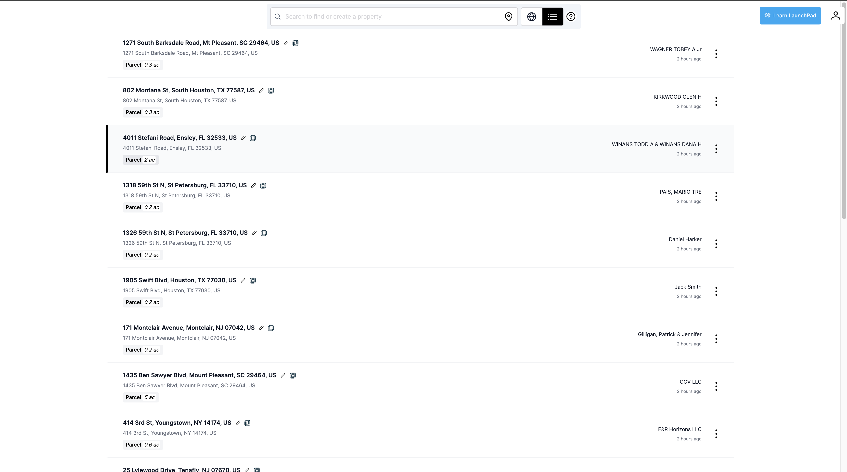 Launchpad Maps property list populated with Jobber properties