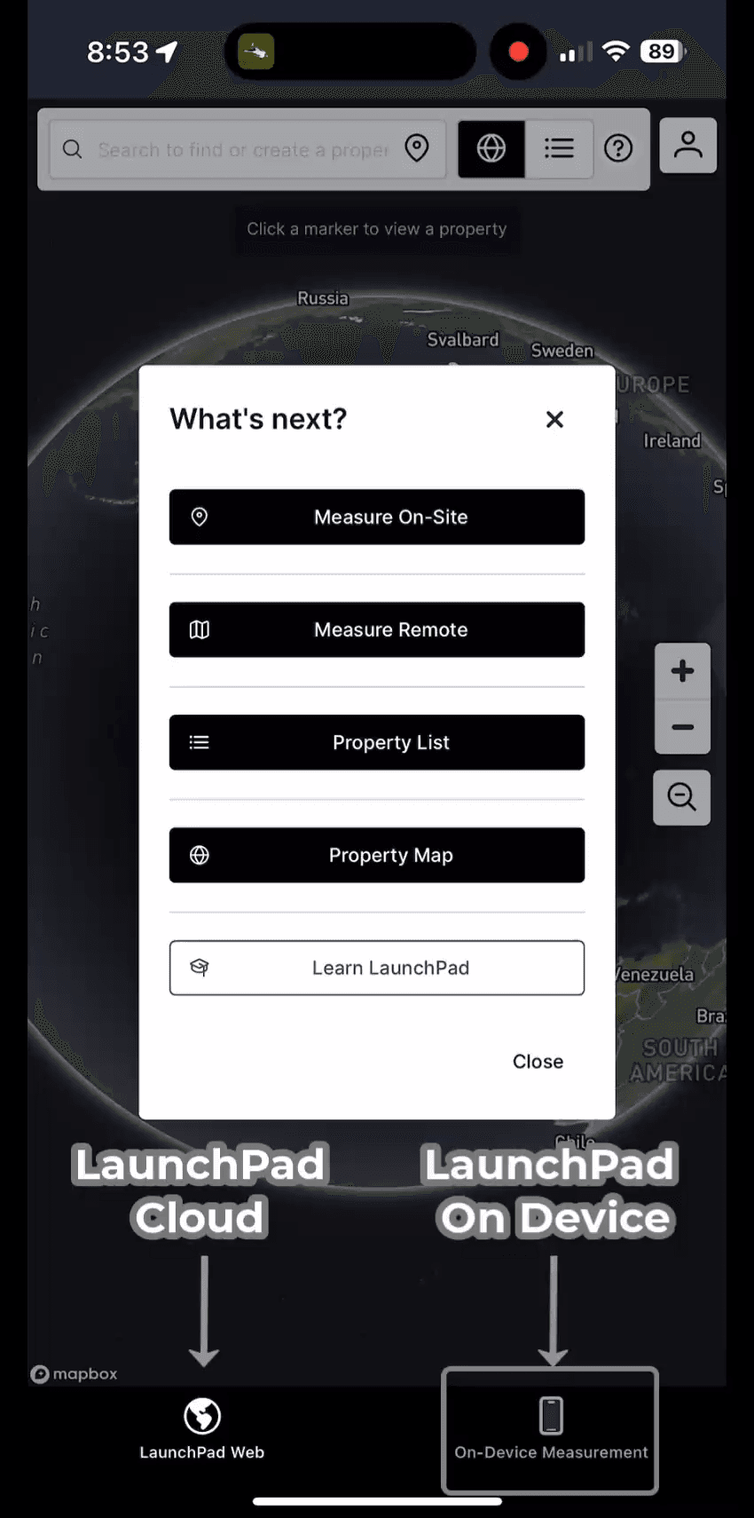 Measure On-Site selection screen