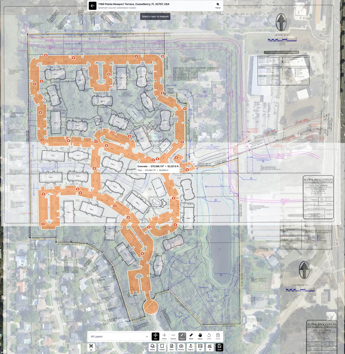 Document overlay example showing parking lot measurement